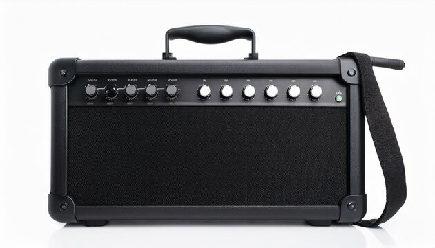 Black guitar amplifier with knobs and a strap.