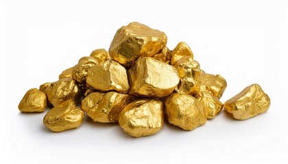 Pile of glistening gold nuggets on white background.