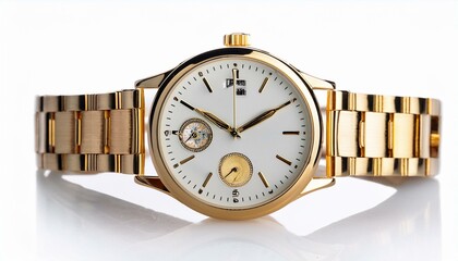 Elegant gold wristwatch with a white face and intricate detailing.