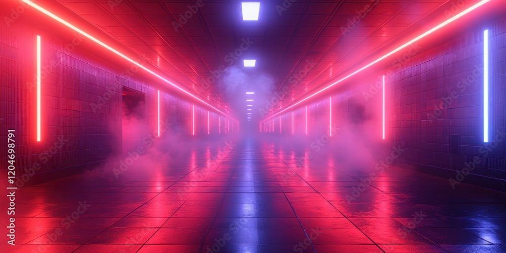Poster Futuristic Neon Corridor with Vibrant Lights and Reflective Floor in Cyberpunk Style 3D Rendering