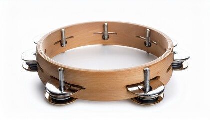 Wooden tambourine with metallic jingles, isolated on white background.