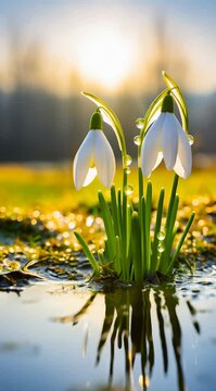Delicate snowdrops emerging in early spring, their white petals glistening in sunlight, beautifully mirrored in a tranquil puddle on a vibrant meadow
