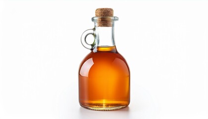 Amber liquid in a glass bottle with a cork.