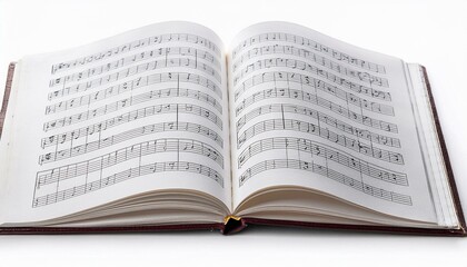 Open sheet music book resting on white background.