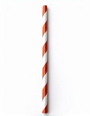 Red and white striped paper straw on white background.