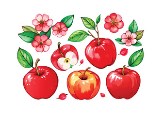 set of red apples with leaves vector