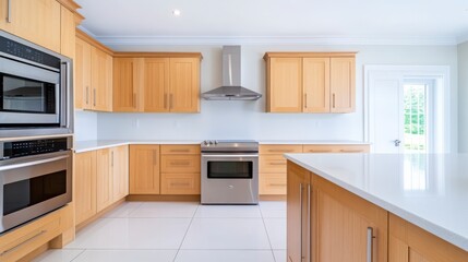 Fototapeta premium Modern Kitchen with Wooden Cabinets and Stainless Steel Appliances