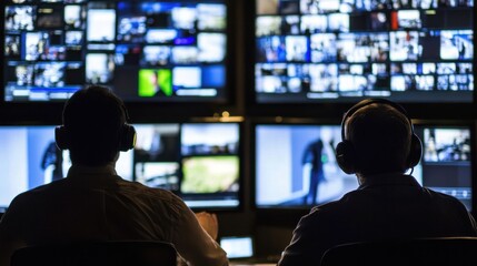 Two Technicians Monitoring Multiple Screens in a Control Room