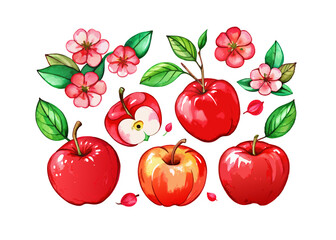 set of red apples with leaves