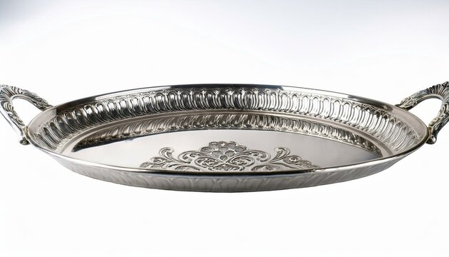 Elegant silver serving tray with ornate detailing. Perfect for formal occasions.
