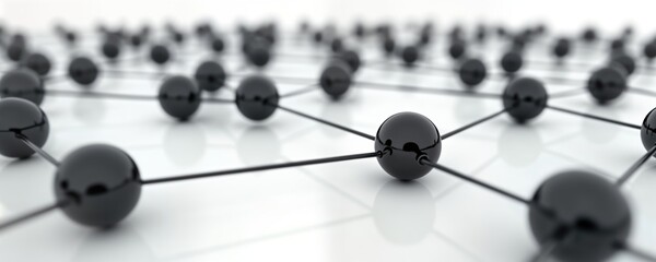 Abstract tech network nodes connect forming complex structure. Black spheres linked by black lines illustrate global communication. Futuristic design represents modern digital system. Innovation,