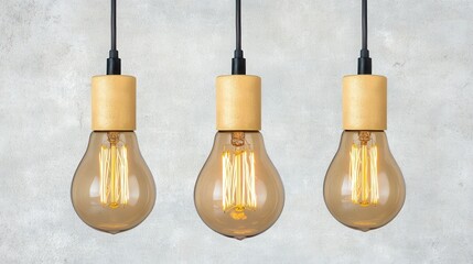 Vintage Light Bulbs with Warm Glow Hanging against Gray Wall