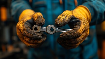 Close-up of Grimy Yellow Work Gloves Holding a Wrench