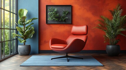 Modern Living Room Interior Design with Red Leather Chair and Plants