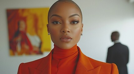 Confident woman in orange suit, close-up portrait.
