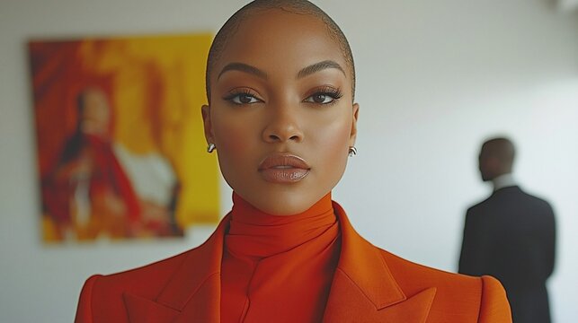 Confident woman in orange suit, close-up portrait.