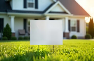 Blank yard sign stands in vibrant green grass in front of white house. Empty sign offers creative space for marketing real estate advertisement. Springtime scene nature, suburban landscape. Ideal for