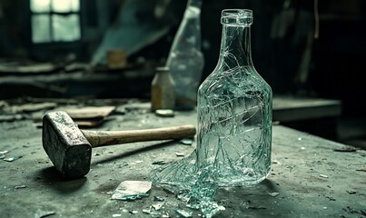 Broken glass bottle, sledgehammer, abandoned factory