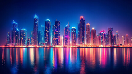 Fototapeta premium modern abstract city skyline at night, where the outlines of buildings are softened and illuminated with colorful neon lights,
