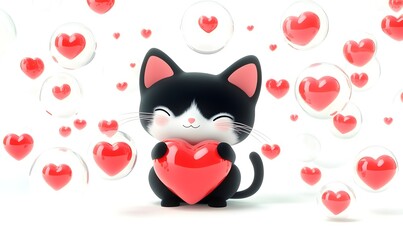 Fototapeta premium Cute cartoon cat holding heart surrounded by floating hearts.
