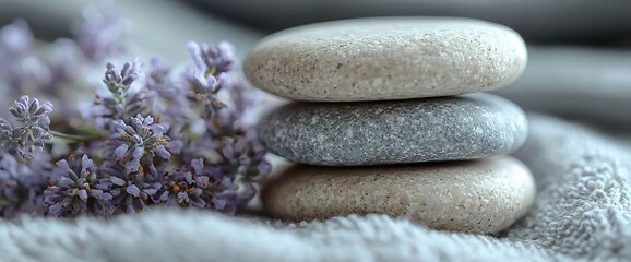 Stacked smooth stones and lavender flowers on a grey towel.