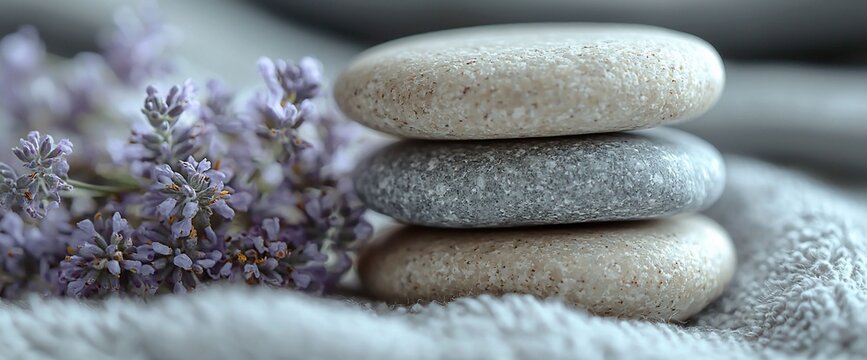 Stacked smooth stones and lavender flowers on a grey towel.