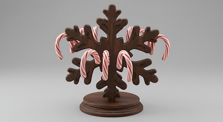 Fototapeta premium Elegant dark wooden snowflake display stand adorned with classic red and white striped candy canes, concept for holiday season marketing, Christmas decoration ideas and festive dessert promotions