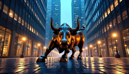 Majestic bull statue stands in city street at night. Tall buildings reflect in wet pavement. City lights illuminate sculpture. Urban art piece with financial investment themes. Possible imagery for