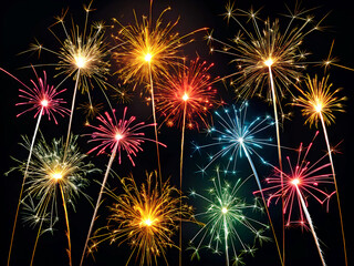 Naklejka premium fireworks in the night sky. fireworks, celebration, firework, night, holiday, fire, explosion, new, pyrotechnics, sky, light, festival, celebrate, year, black, party, abstract, red, july, bright, colo