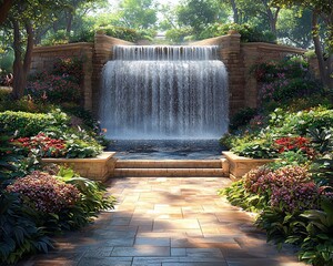 Serene garden waterfall with stone pathway.
