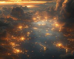 Aerial view of city lights at sunset, above clouds.