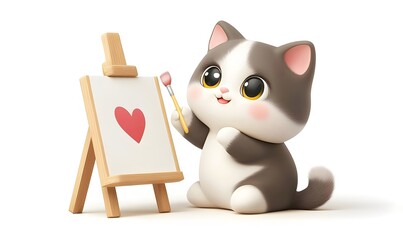 Fototapeta premium Cute cartoon cat painting a heart on a canvas.