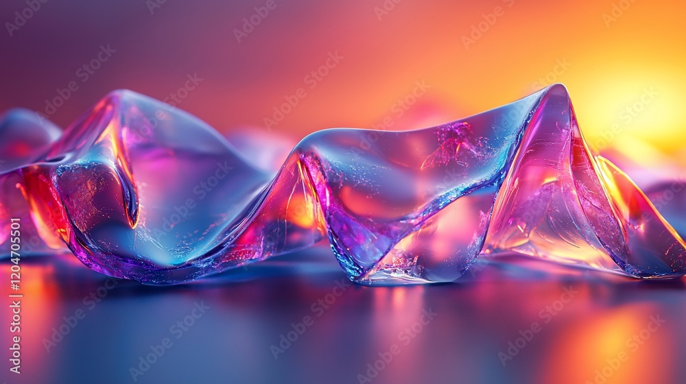 Poster Abstract colorful glass wave forms on reflective surface.