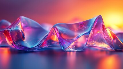 Abstract colorful glass wave forms on reflective surface.