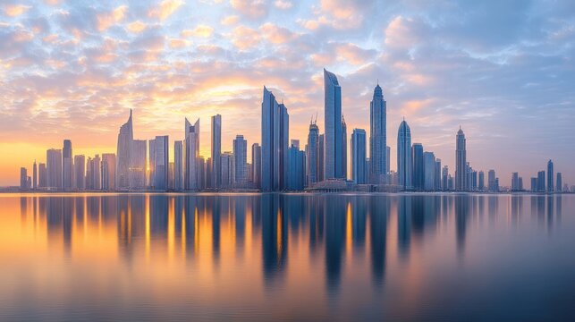 Abu Dhabi Skyline at Sunrise: A Breathtaking Panorama of Modern Architecture Reflected in Calm Waters