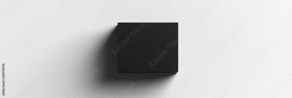Poster Minimalist black cubic object casting a soft shadow on a white surface in a well lit environment. Generative AI