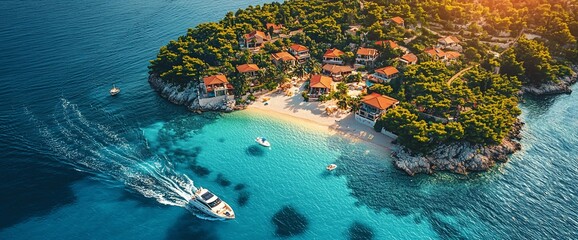 Aerial view of a yacht approaching a secluded island paradise with a pristine beach and charming villas.