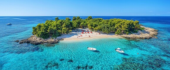 Secluded island paradise with pristine beach, turquoise water, and lush greenery.