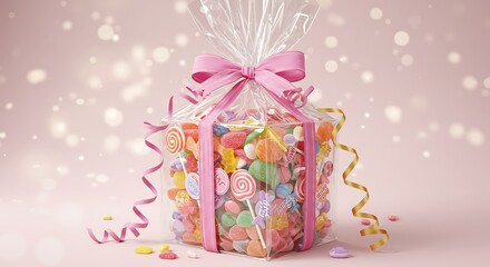 Fototapeta premium Vibrant assorted candies in a festive clear plastic bag, tied with a delicate pink ribbon bow, on a soft pastel pink background with sparkling bokeh, concept for birthday celebrations, sweet treats