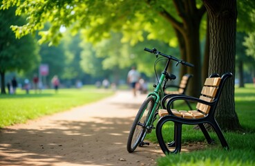 Green bicycle near park bench in sunny urban park. People leisurely walk in background. Peaceful scene in green park. Ideal for city park photoshoots leisure activities. Relaxing nature scene.