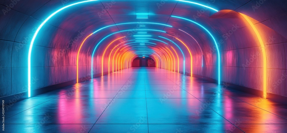 Poster Futuristic Neon Hallway Cyberpunk Tunnel 3D Rendering Laser Glow Vibrant Background Abstract Architecture