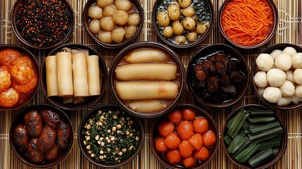 Assorted Asian cuisine dishes in bowls.
