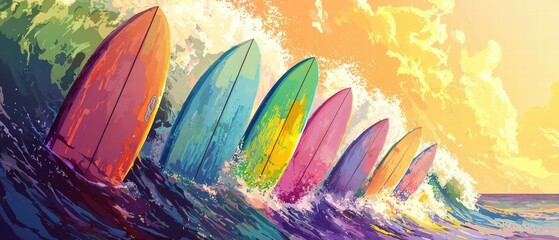 Summer surf competition beach paradise colorful boards dynamic waves action-packed adventure