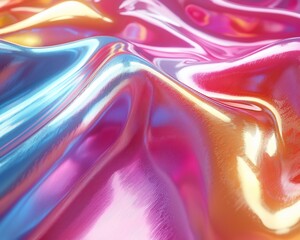 Abstract iridescent fabric with flowing, wavy texture in pink, blue, and orange.