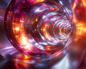 Abstract metallic tunnel with vibrant lights.