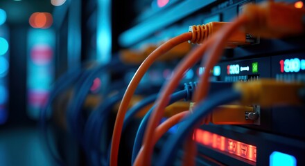 Close-up view of network cables, wires in system room. Cables connect to server equipment. Tech setup complex, sophisticated. Modern digital infrastructure. Electronic connections. Information tech