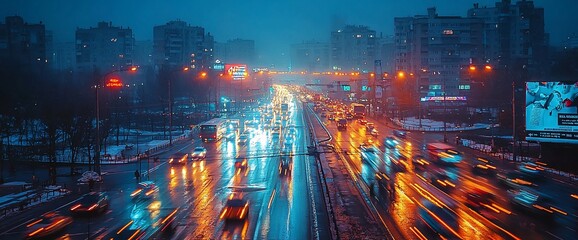 Night city highway traffic in rain.