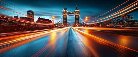 Night cityscape with light trails on a bridge towards Tower Bridge.