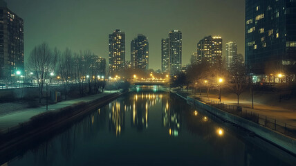 Obraz premium modern city with gleaming glass buildings, a busy crosswalk with people walking,