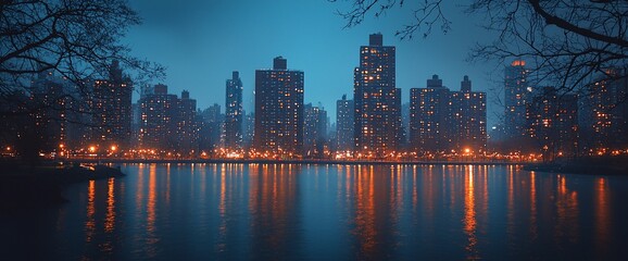 Night cityscape reflected in calm water.
